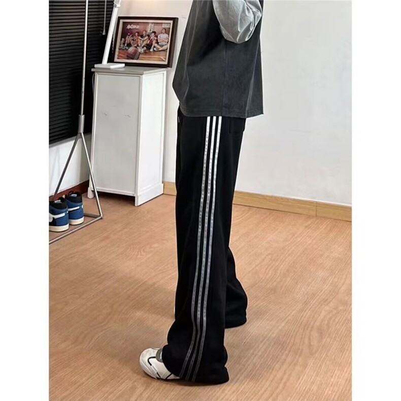 美式渐变条纹裤子男春秋三条杠直筒高街卫裤直筒垂感运动休闲裤男,男装休闲裤,星座1210-1