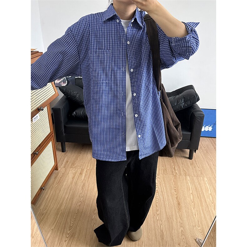 格子衬衫春夏美式蓝色格子衬衫港风情侣装休闲长袖衬衣CS276-P35图片