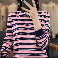 圆领宽条纹2024年秋季简约潮流时尚百搭针织衫，女装针织衫/毛衣，桦兴羊绒