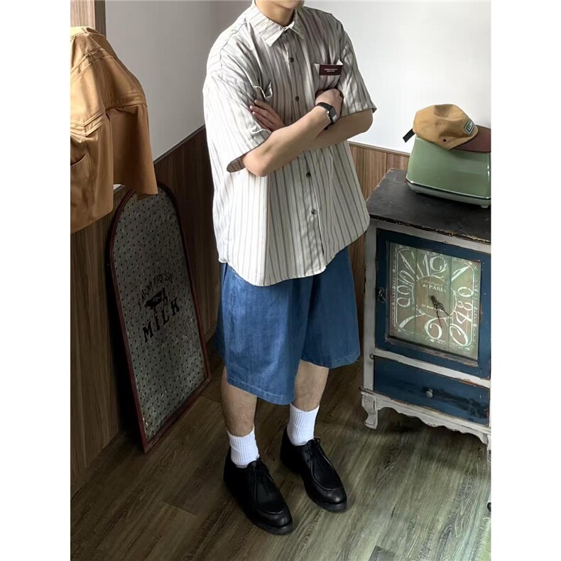 598-P29日系简约条纹贴标短袖衬衫女2025夏季新款休闲,男装T恤,电商B323A