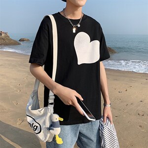 港风夏季T恤衫男韩版潮流短袖宽松爱心情侣装纯棉中袖T121P35控49图片