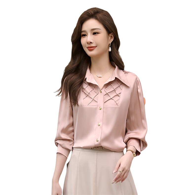 2024春季新款女装菱形格门襟衬衫时尚百搭修身显瘦长袖上衣,女装衬衫,梦芯尔