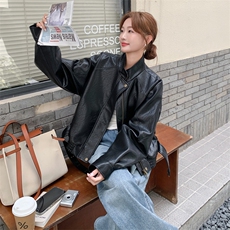 黑色机车风立领PU皮衣外套女2025秋季新款美式复古时髦显瘦夹克潮，女装短外套，2C095