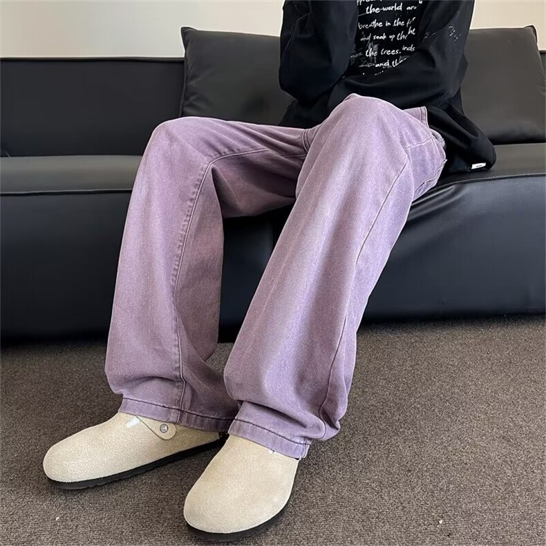 春秋款美式高街牛仔裤小众直筒裤复古百搭情侣紫色长裤17344-p48图片