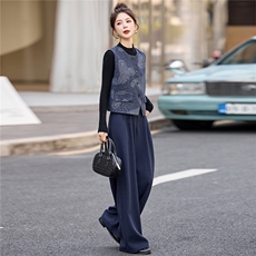 2025新韩版简约长袖衬衫马甲阔腿裤三件套女宽松显瘦休闲高级感潮，女装套装/套裙，姿衣坊
