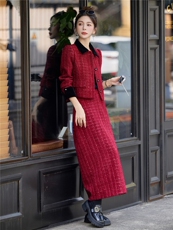小香风红色粗花呢套装女秋冬气质高级感外套半身裙两件套，女装套装/套裙，意芙