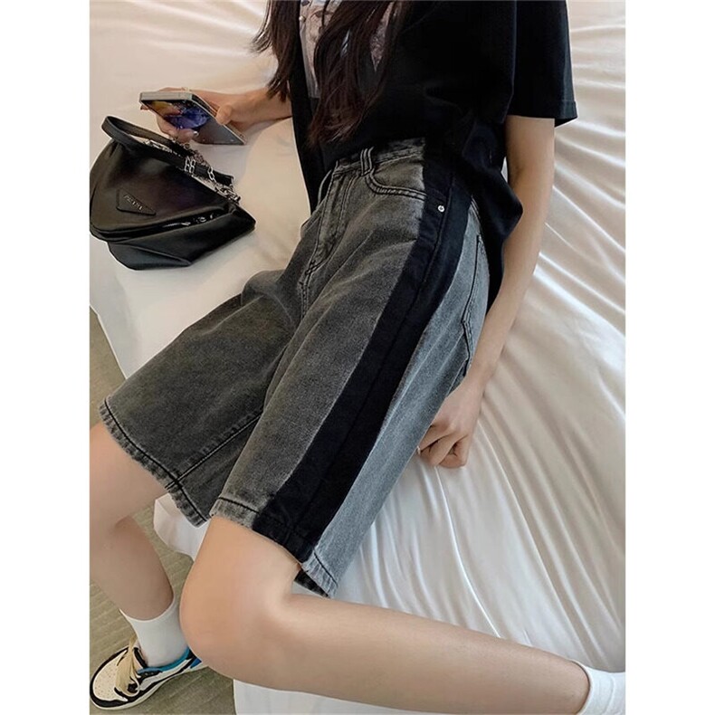 拼色牛仔短裤女夏拼接中裤高腰宽松显瘦阔腿五分裤2025年新款，女装牛仔裤，星座506A