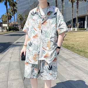 热带植物沙滩套装宽松花衬衫男短袖两件套TZ882/880衣35裤23/TP58,黑色西服搭配牛仔裤阔腿裤图片