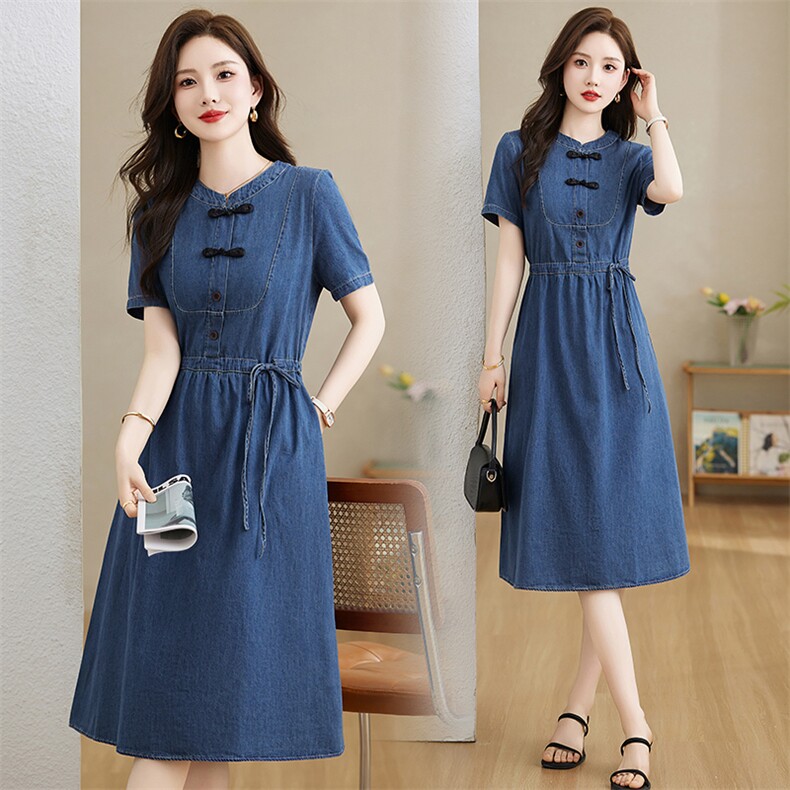 夏季纯棉薄款牛仔连衣裙女2024新款休闲显瘦国风盘扣改良旗袍裙子，女装连衣裙，魅家