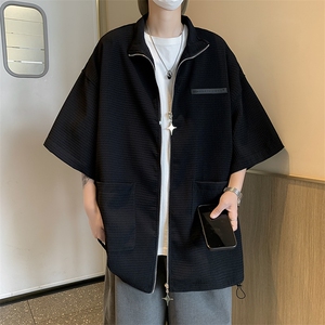 双拉链衬衫短袖男夏季高级感美式复古外套oversize华夫格冰丝衬衣图片