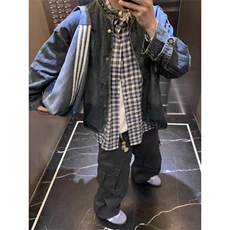 美式复古水洗毛边圆领牛仔外套女2025春秋新款高级感宽松夹克上衣，男装工装外套，四季星座505