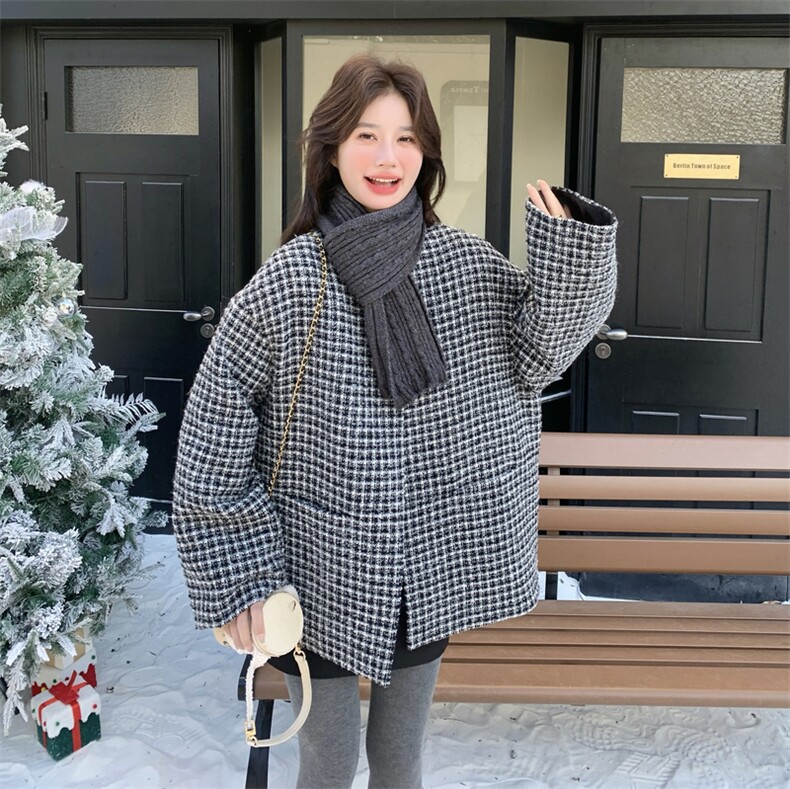 韩版通勤复古千鸟格编织中长款羽绒服女+围巾2025冬季氛围感外套,女装羽绒服,艾米莉亚