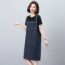 牛仔连衣裙女夏季2025新款爆款大码显瘦气质妈妈假两件背带裙子薄，女装连衣裙，文熹诺