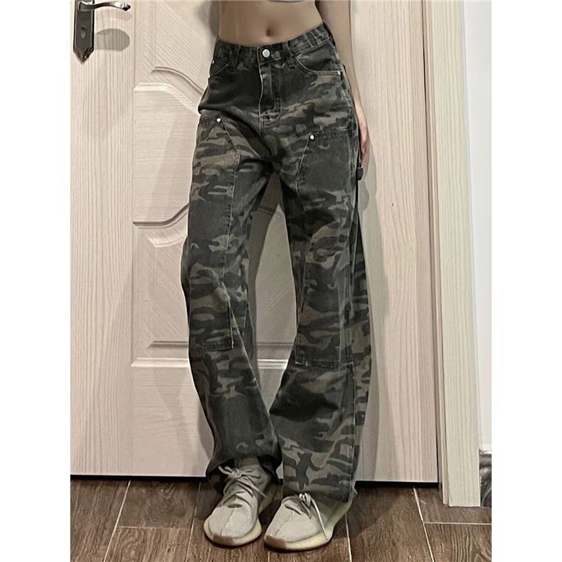 迷彩牛仔裤女小个子新款设计感辣妹高街直筒阔腿裤潮WL83088-P45,男装牛仔裤,星座1008