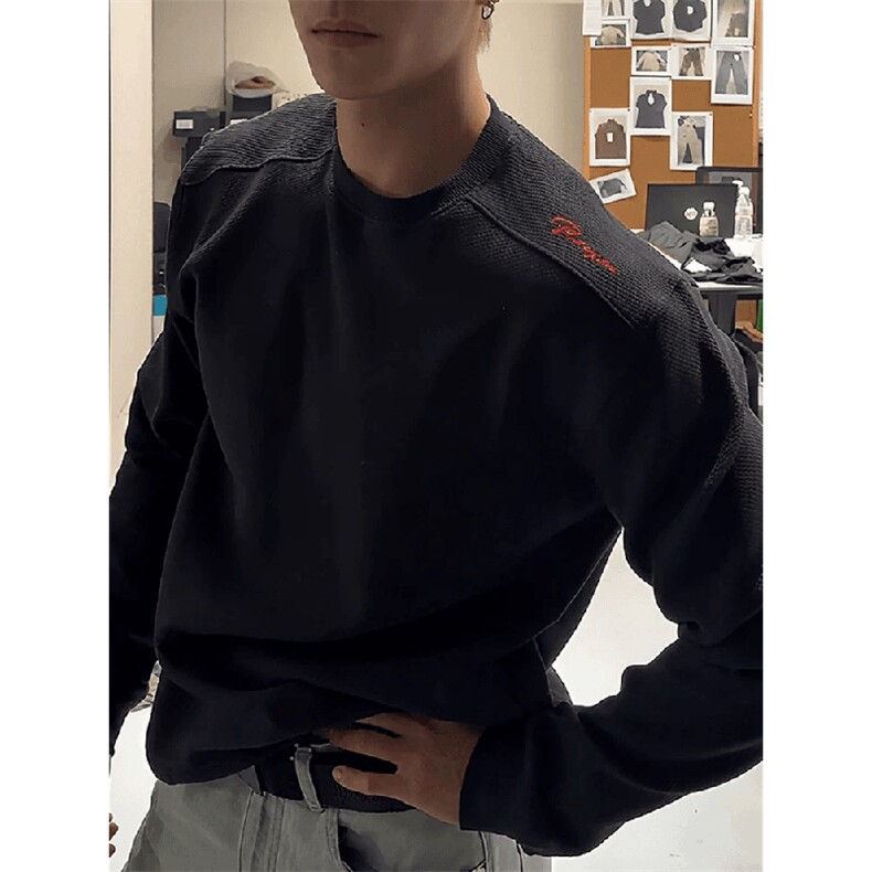26春装硬挺boxy男女美式高街蜂窝华夫格刺绣圆领长袖卫衣打底衫,男装T恤,电商A486