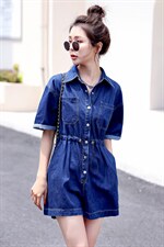 2022夏季新款简约时尚个性气质翻领抽绳收腰显瘦牛仔连体短裤，女装连体裤，瑶迪依秀