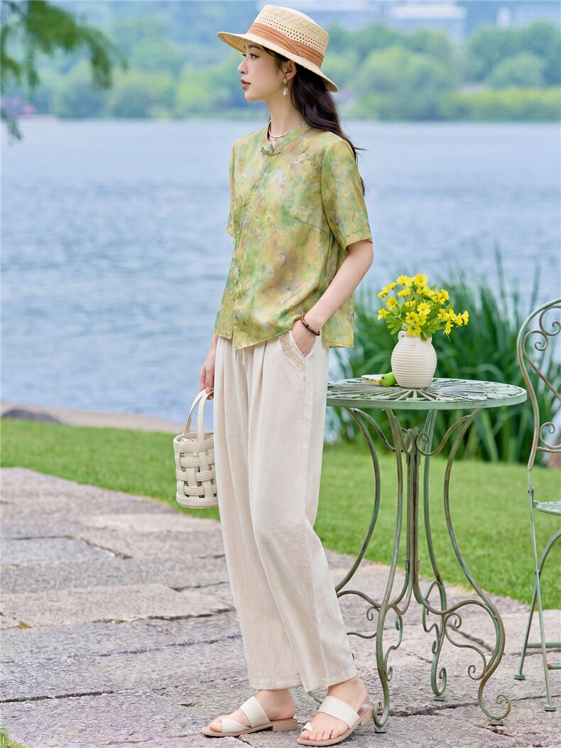 现货2026年夏季新款中式时尚两件套装女T恤小衬衫加天丝麻直筒裤,女装套装/套裙,璐依舞