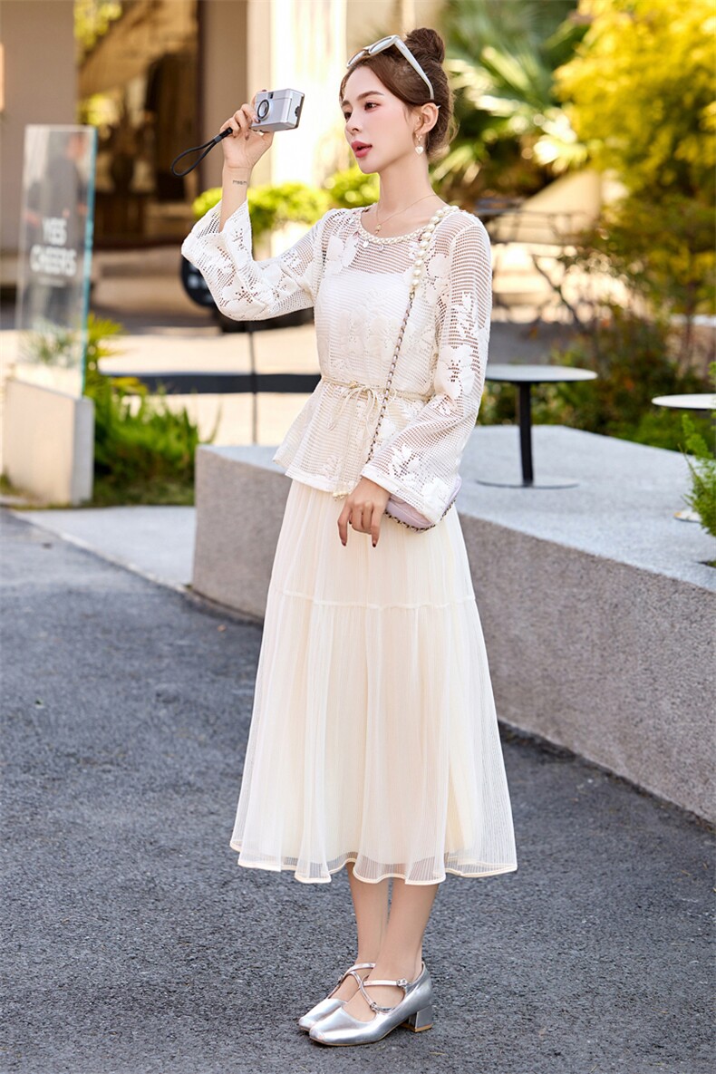 小香风套装女2025春夏新款防晒蕾丝上衣波西米亚网纱半身裙两件套,女装套装/套裙,意芙