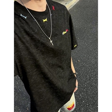美式重磅做旧绣花短袖t恤圆领宽松半袖情侣上衣T3684-特价P35，男装T恤，电商A007