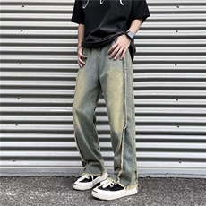 夏款男牛仔裤流苏拼接字母刺绣破洞口袋直筒宽松长裤NK161P45，男装牛仔裤，星座1013-1
