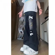 小狗刺绣弯刀牛仔裤男女美式裤子设计感高腰直筒微喇叭裤AM39P42，男装牛仔裤，星座1013-5