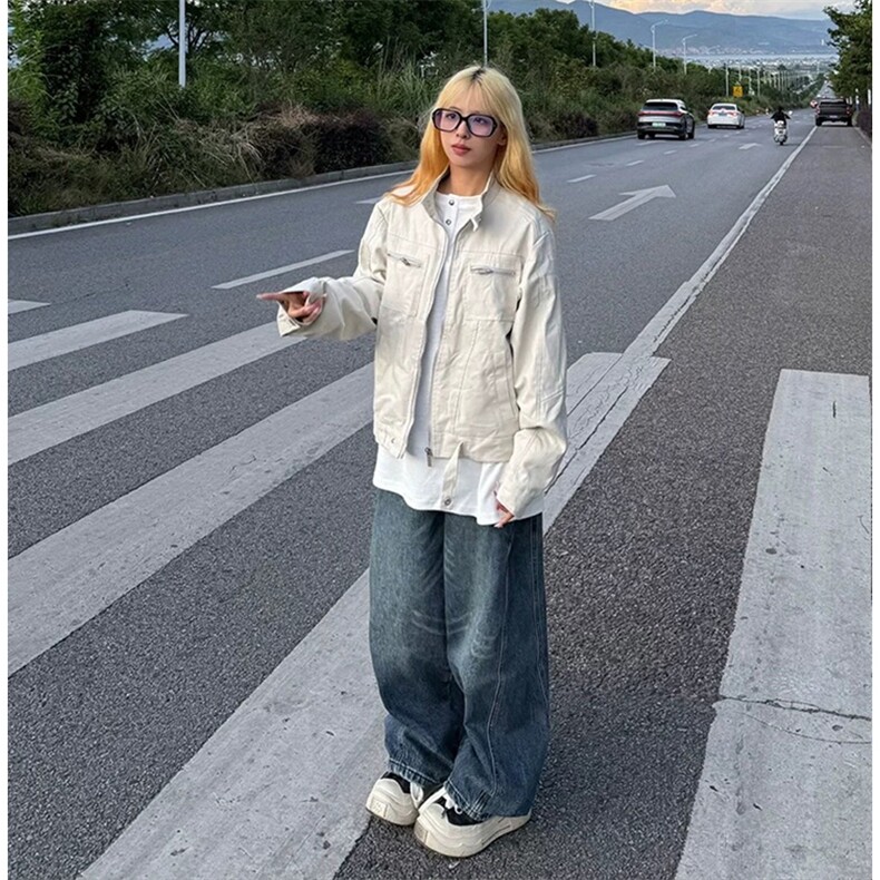 26春装高品质老钱风立领夹克外套男女美式潮牌拉链工装风宽松上衣,男装夹克,电商A486