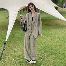 高级感时尚镂空西装套装女2025春季新款宽松休闲外套阔腿裤两件套，女装套装/套裙，2C085