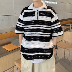 C347-P35 2024夏季新款镂空条纹上衣彩色翻领针织衫polo衫男现货图片