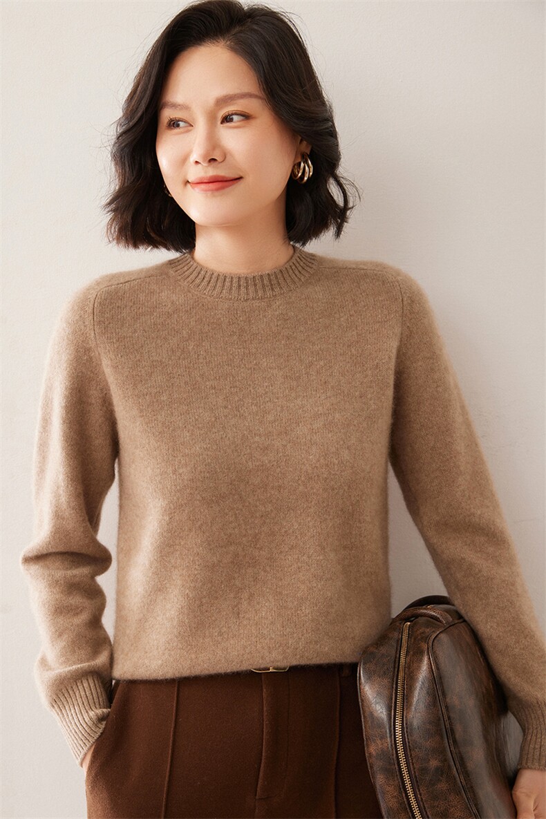 时尚女士七针马鞍肩圆领显瘦百搭黑色毛衣,女装羊绒衫,拓驰羊绒