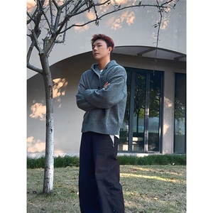 秋冬季新款慵懒风连帽套头纽扣半开衫毛衣针织衫外套男女宽松潮流图片