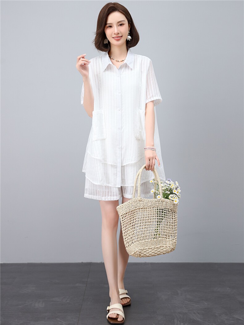 套装女2025年夏季新款时尚宽松中年妈妈大码短裤两件套,女装套装/套裙,江忆布依