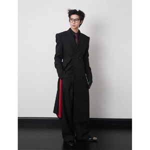 黑红撞色长款垫肩收腰大衣外套Y960-西装风衣P118  毛呢大衣P125图片