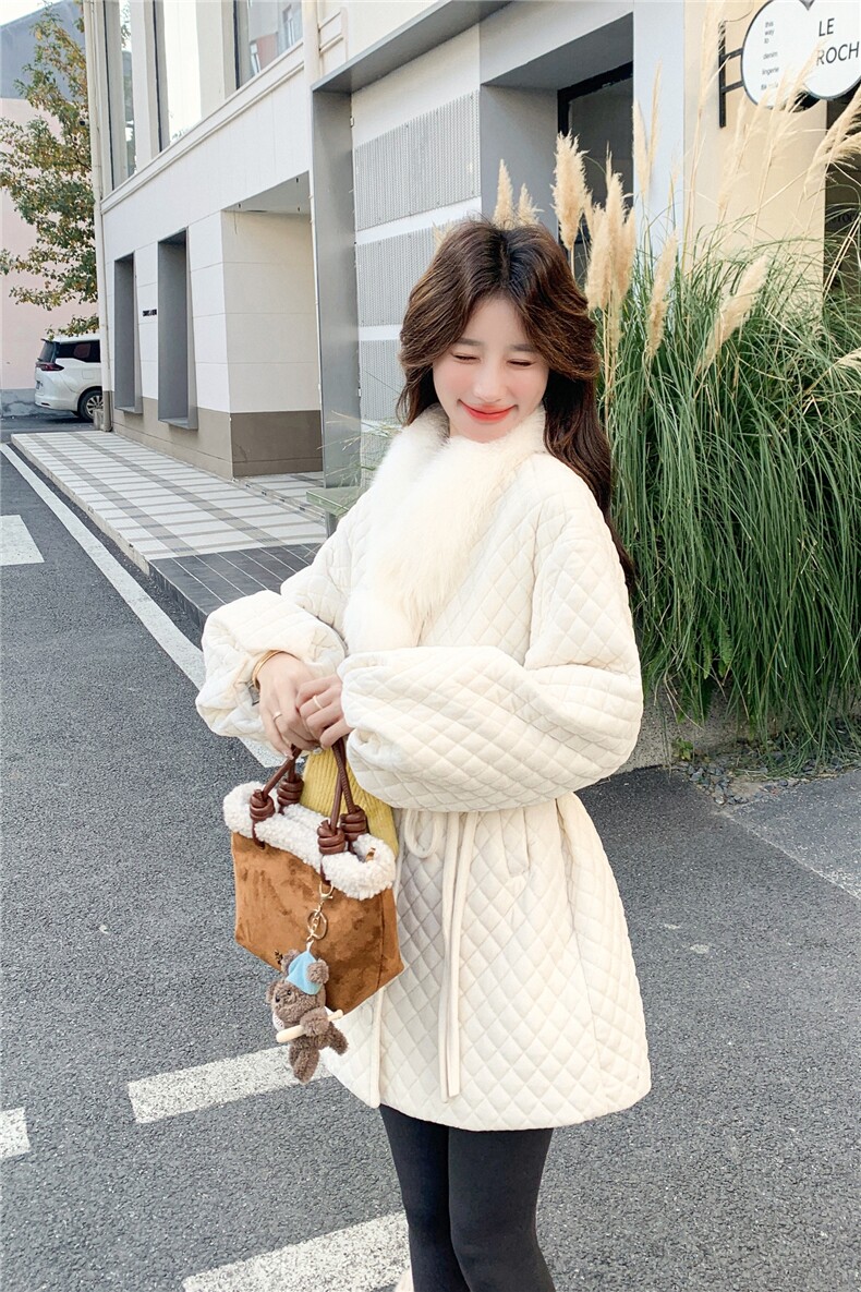 现货90绒！配真狐狸毛围脖菱形格丝绒羽绒服R2C086-2617p298K468,女装羽绒服,2C086