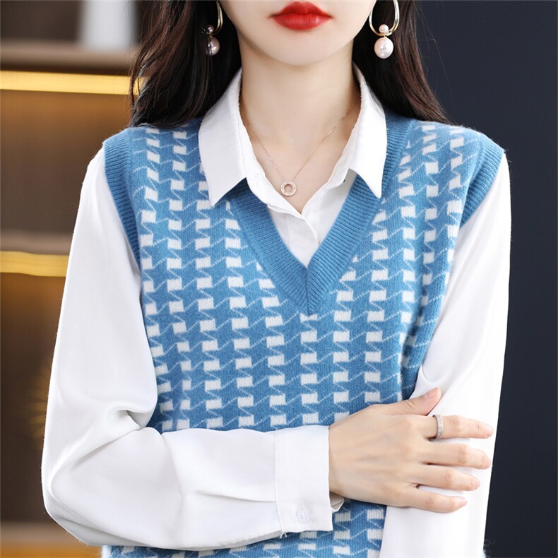 春季新款100纯棉针织背心女v领拼色叠穿上衣马甲毛线坎肩无袖毛衣图片