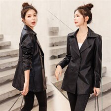 2022秋季女装新款大量现货时尚潮流显瘦双排扣收到中长款皮衣，女装皮衣，魅衣本色