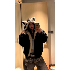 现货重磅硬挺boxy羽绒棉衣座山雕猫耳大毛毛领麂皮棉服冬外套图片