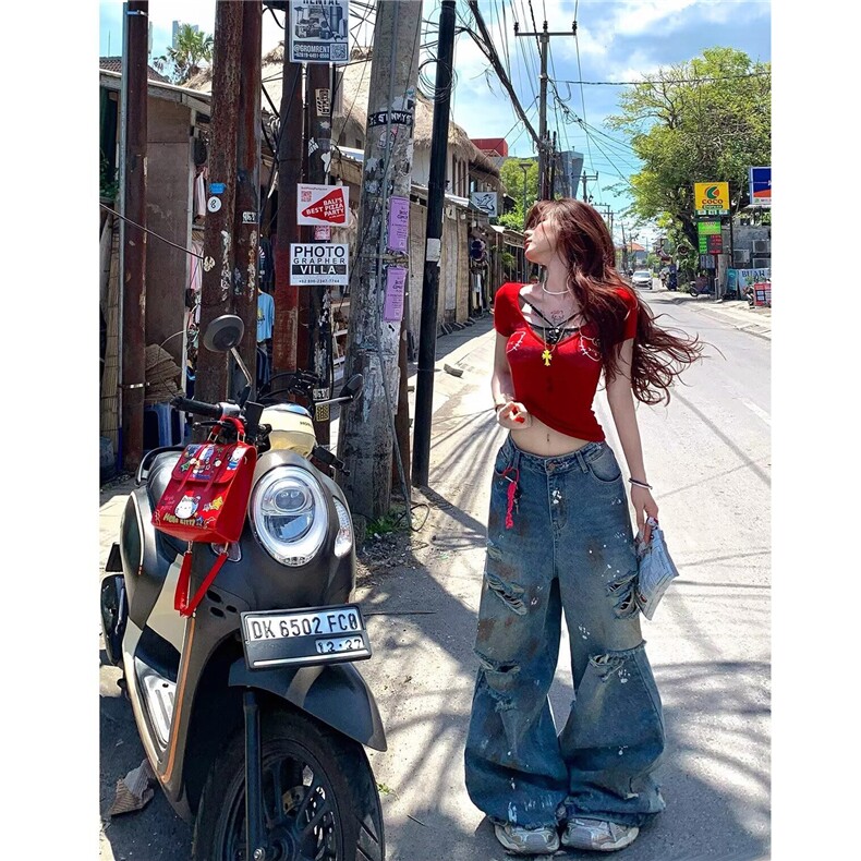 美式高街泥染做旧破洞牛仔裤男女泼墨慵懒拖地宽松阔腿裤潮图片
