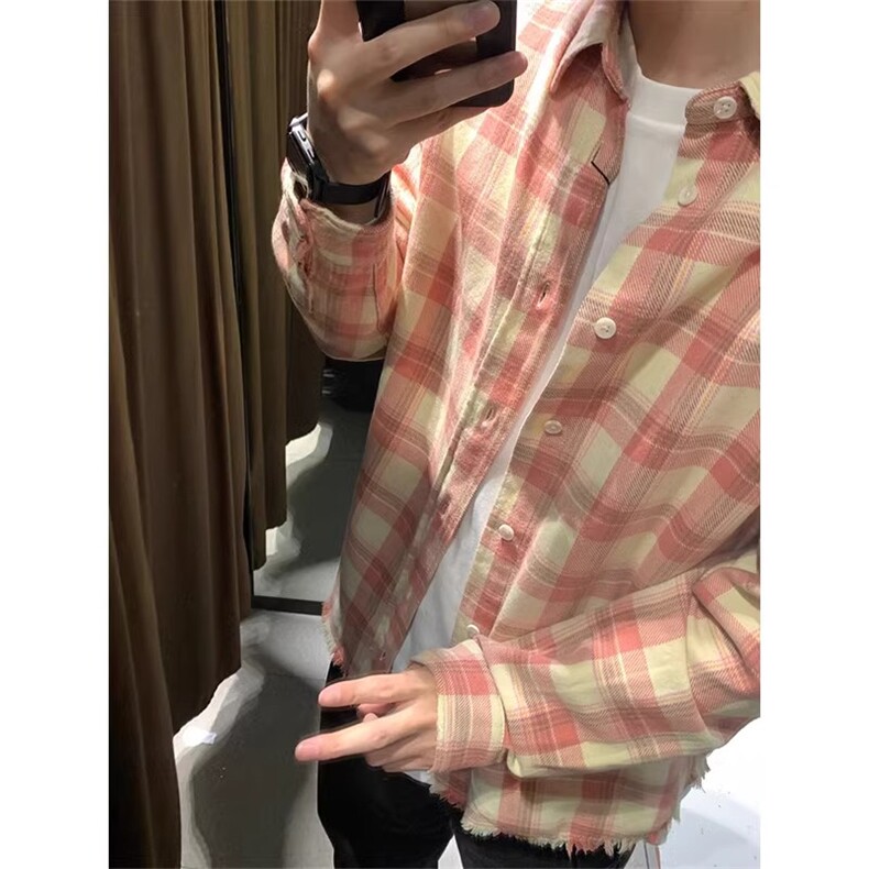 粉色格子衬衫男毛边格纹长袖衬衣K339-P45,男装衬衫,星座1007（原301D）