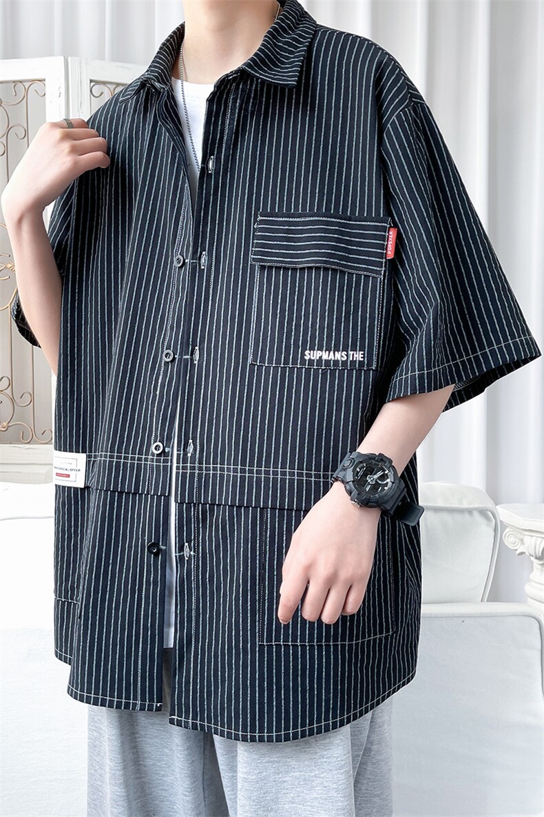 货足8XL-M条纹工装衬衫男2023夏季新款美式胖子短袖衬衣加肥加大,男装衬衫,钱塘717(原712)