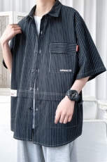 货足8XL-M条纹工装衬衫男2023夏季新款美式胖子短袖衬衣加肥加大，男装衬衫，钱塘717(原712)
