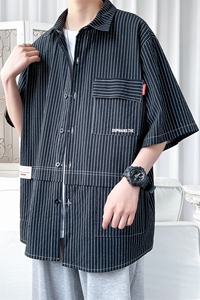 货足8XL-M 条纹工装衬衫男2023夏季新款美式胖子短袖衬衣加肥加大图片