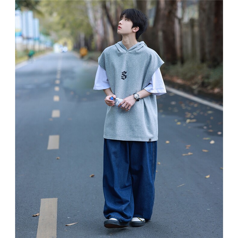 2025夏季新款精致简约字母印花青少年连帽无袖T恤背心B08/P35控48,男装T恤,电商A148