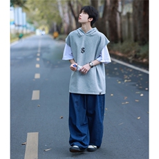 2025夏季新款精致简约字母印花青少年连帽无袖T恤背心B08/P35控48，男装T恤，电商A148