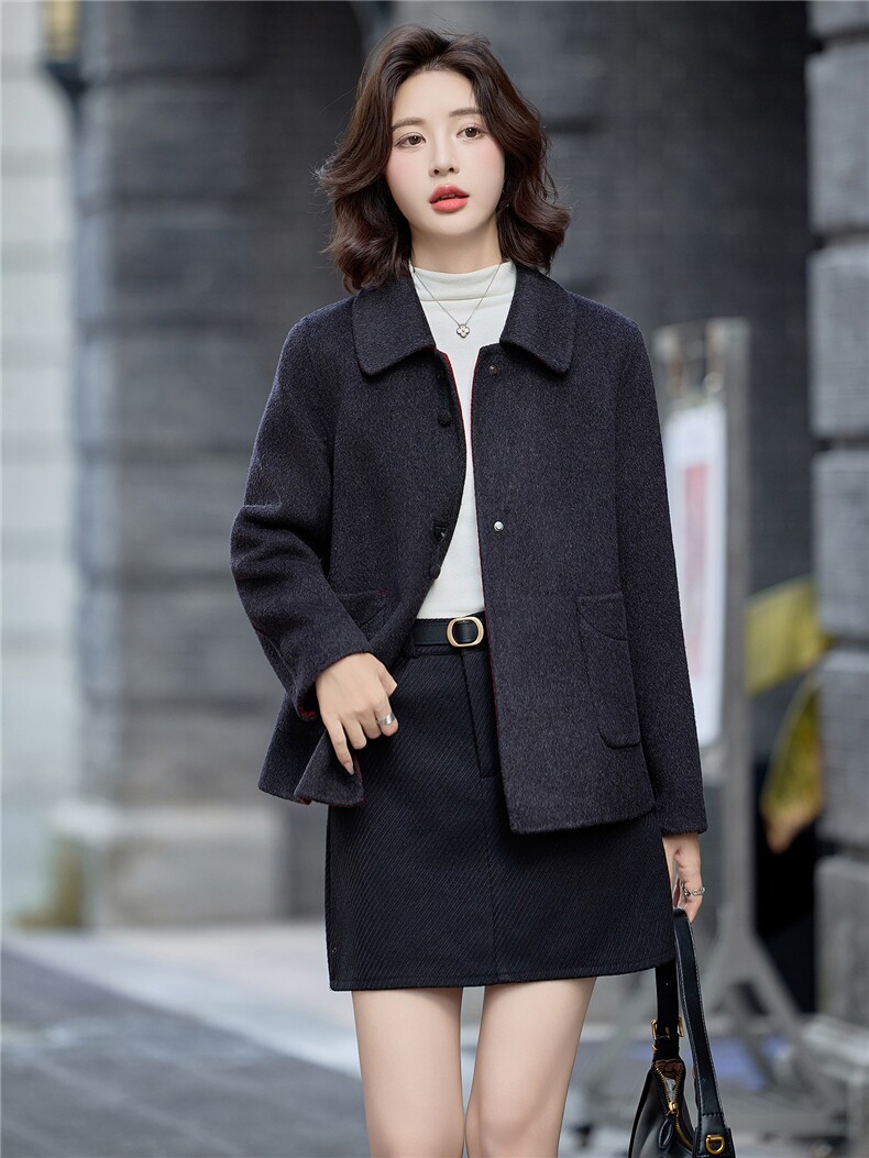 时尚撞色双面绵羊毛外套女2025秋冬新款宽松显瘦气质翻领毛呢大衣,女装双面呢大衣,美沁