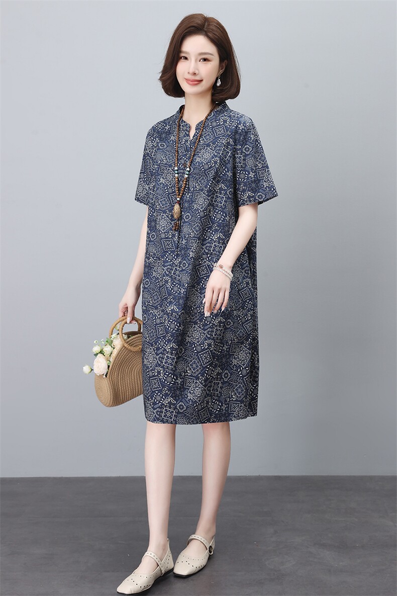 妈妈复古印花高端精致减龄连衣裙女士2026夏季宽松显瘦贵夫人裙子,女装连衣裙,依恋蒂丝