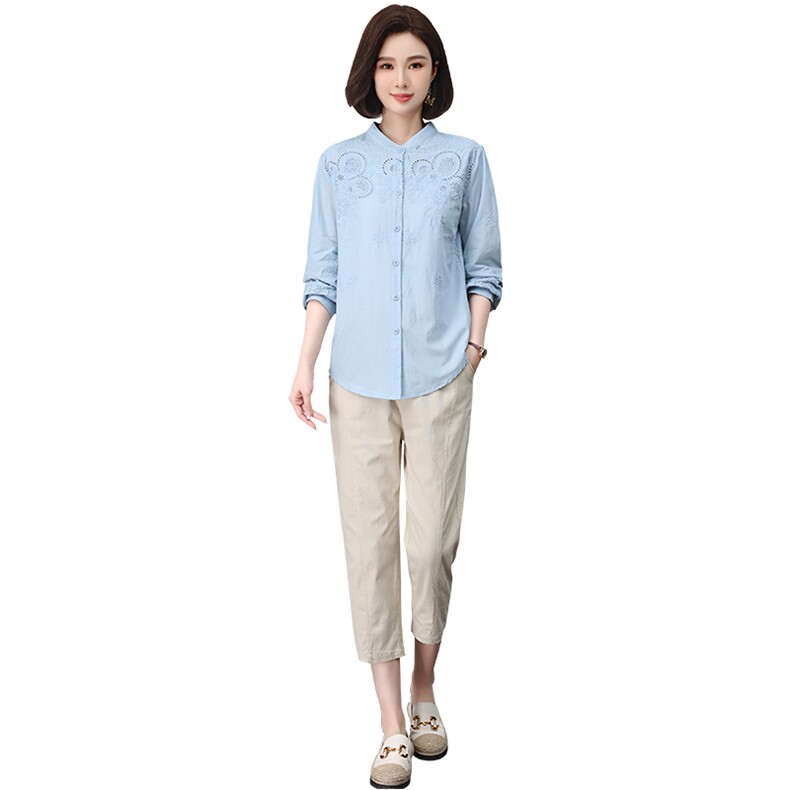 绣花长袖棉衬衫两件套2023秋装新款气质宽松修身显瘦套装女,女装大码女装,奕阳依阁