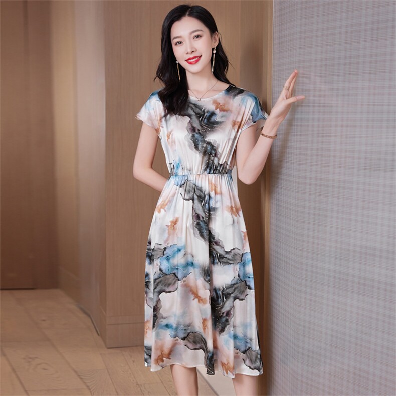 印花重磅真丝连衣裙女中长款2025新款年轻妈妈装系带桑蚕丝A字裙,女装连衣裙,阿舍尔精品