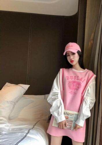 【现货】春装新款假两件拼衬衫修休闲运动针织连衣裙，女装衬衫，多来