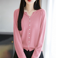 25春夏薄款V领卷边针织开衫女精纺羊毛纯色长袖毛衣宽松休闲上衣，女装蕾丝衫/雪纺衫，暖烁特种纱工厂店