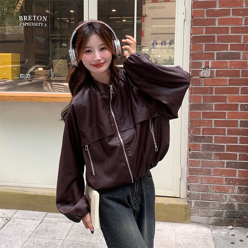 红皮衣外套女秋秋2025新款美式复古又a又飒机车服pu皮夹克,女装皮衣,纯色衣恋